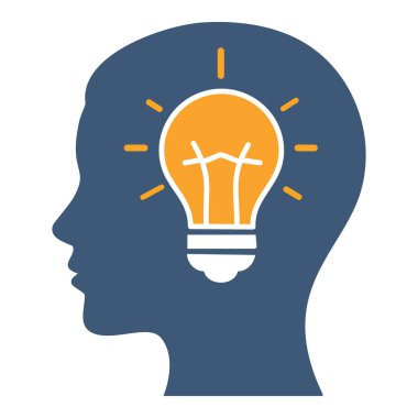 Ampullü kafa. İçinde ampul olan bir kafa siluetinin basit, modern illüstrasyonu ilham, fikir ve yenilikçi düşünceyi temsil ediyor..