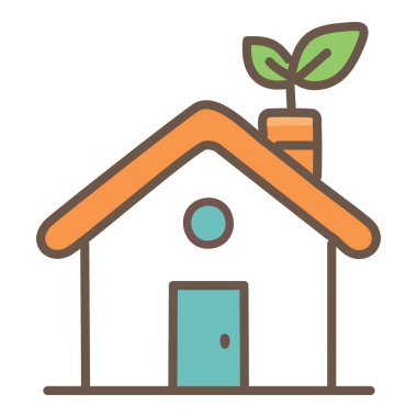 Yeşil çatılı çevre dostu bir ev. Yeşil çatılı bir evin, sürdürülebilirliği ve çevresel bilinci simgeleyen basit bir çizimi..