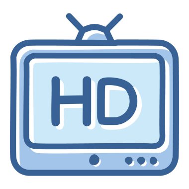 HD televizyon ikonu tasarımı. Ekranda HD yazılı bir televizyon setinin mavi ve beyaz tasviri.