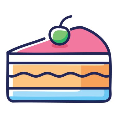 Kirazlı lezzetli kek dilimi. Üzerinde kiraz olan bir kekin basit bir çizimi, fırında veya tatlıyla ilgili tasarımlarda kullanmak için mükemmel..