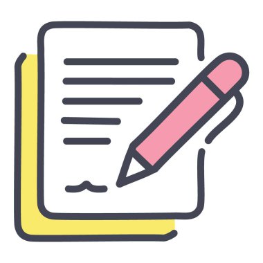 Basit kalem ve kağıt ikonu çizimi. Bir kalem ve kağıdın bu basit ve modern illüstrasyonu yazı, not alma ve eğitimle ilgili projelerde kullanılmak için idealdir..