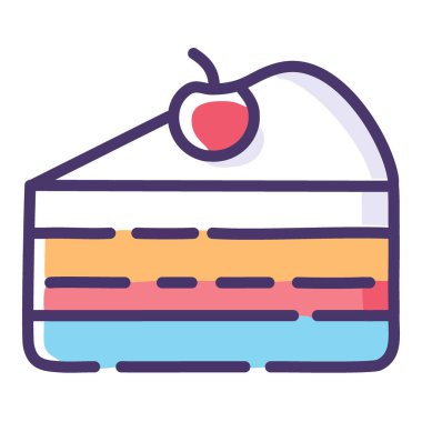 Kiraz soslu renkli pasta dilimi. Lezzetli ve şenlikli pasta dilimi, üstünde tatlı bir kiraz, doğum günü kutlaması için mükemmel, tatlı menüleri, ve fırın reklamı..