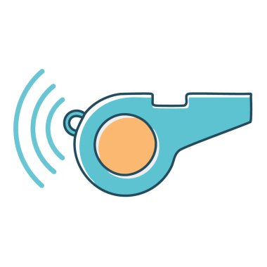 Islık sesi illüstrasyonu. Beyaz arka planda izole edilmiş, ses dalgalı mavi bir düdük. Spor, hakem, antrenman ve koçluk grafikleri için mükemmel..