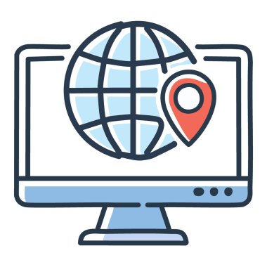 Bilgisayar ekranında küresel konum. Çevrimiçi küresel varlığı ve dijital haritalamayı temsil eden, küresel ve konumsal pin içeren bir bilgisayar ekranının çizimi.