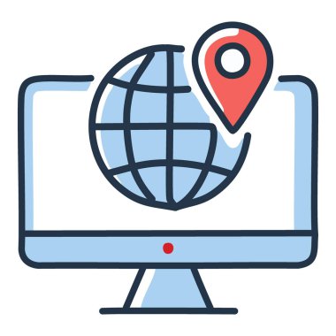 Küresel konum kodu bilgisayar ekranında. Küresel erişimi veya çevrimiçi varlığı temsil eden, ekranda bir lokasyon iğnesi olan bir bilgisayar görüntüsü.