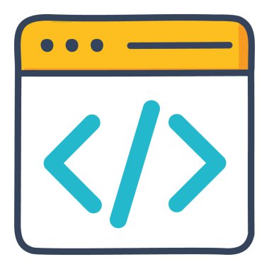 Web geliştirme kodlama simgesi. Web gelişimini temsil eden kod sembollü bir tarayıcı penceresinin renkli vektör çizimi.
