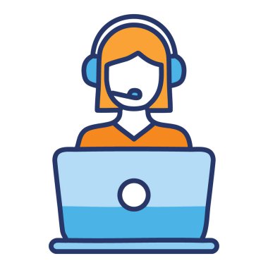 Dizüstü bilgisayarı olan kadın müşteri hizmetleri temsilcisi. Bir kadın müşteri destek temsilcisinin tasviri dizüstü bilgisayarda çalışıyor, kulaklık takıyor. Web siteleri ve sosyal medya paylaşımları için mükemmel.