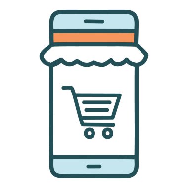 Çevrimiçi alışveriş mobil uygulama simgesi. Ekranında alışveriş arabası simgesi olan, çevrimiçi alışverişi temsil eden bir cep telefonunun basit ve modern çizimi.