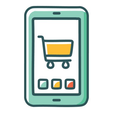 Mobil alışveriş arabası ikonu. Cep telefonu ekranındaki bir alışveriş arabası ikonunun basit ve modern çizimi. Sunumlarda, web sitelerinde ve pazarlama materyallerinde kullanım için ideal.