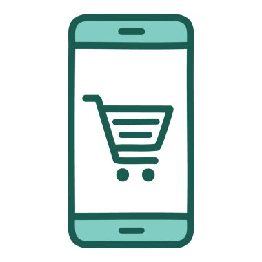 Mobil alışveriş arabası ikonu. Ekranında alışveriş arabası olan bir cep telefonunun yeşil ve beyaz çizgili sanat simgesi.