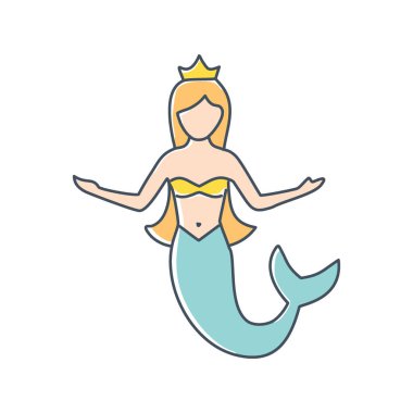 Taç çizimi olan büyüleyici bir denizkızı. Bu sevimli illüstrasyon bir denizkızını tasvir ediyor, bir güç, zarafet ve kraliyet mesajı iletiyor..