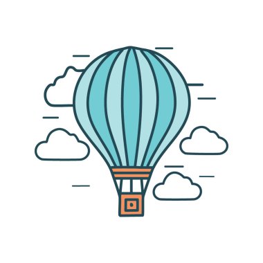 Sıcak hava balonu gökyüzünde yüksekte uçuyor. Sıcak hava balonu zarif bir şekilde kabarık bulutların arasına yükselir. Özgürlüğü, macerayı ve yeni zirvelere ulaşmayı simgeler..