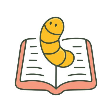 Açık kitap illüstrasyonunda şirin bir solucan. Neşeli bir solucan açık bir kitabın tepesine tüneyip öğrenmenin ve bilginin dönüştürücü gücünü sembolize eder..