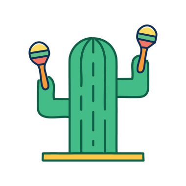 Kaktüs marakas sallıyor. Dikenli bir kaktüs karakteri marakaları neşeli ve şenlikli bir şekilde sallar, canlı enerjiyi ve çöl eğlencesini sembolize eder.