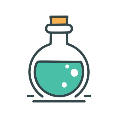 Cam şişede kaynayan iksir. Yeşil sıvıyla dolu, kabarcıklarla dolu, sihirli iksirleri ve gizemli karışımları ima eden garip bir cam şişe çizimi..