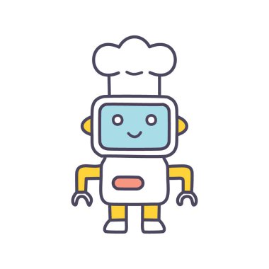 Robot şef çizgi film çizimi. Aşçı şapkası takan sevimli robot şef otomasyon konseptini ve yemek hazırlığının geleceğini anlatıyor..