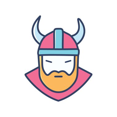 Cesur Viking savaşçı karakter tasarımı. Boynuzlu ve sakallı korkusuz bir Viking savaşçısının tasviri. Gücü, cesareti ve gücü tasvir ediyor..