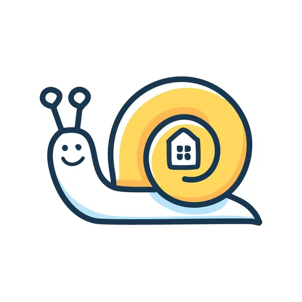 stock vector Happy snail carrying home illustration. A cheerful snail carries a house on its back, symbolizing the journey of homeownership and finding your space in the world.