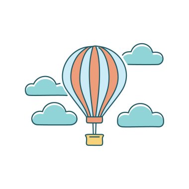 Sıcak hava balonu bulutların arasında süzülüyor. Sıcak hava balonunun portakal ve beyaz çizgileriyle kabarık bulutların arasında uçan bir çizimi. Özgürlüğü, macerayı ve yeni zirveleri sembolize eder..
