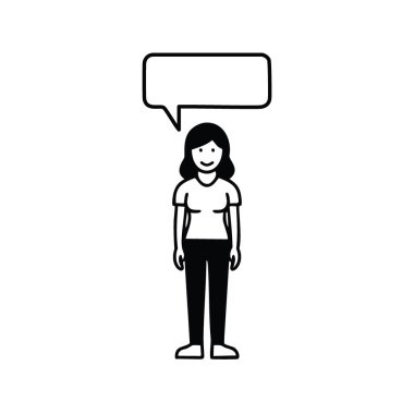 Kadın konuşma balonu. Boş konuşma baloncuğu olan kadın karakter, iletişim ve sohbet için mükemmel..