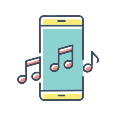 Mobil müzik. Ekranda müzik notaları olan akıllı telefon müzik dinlemeyi sembolize ediyor..