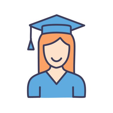 Mezun olmuş kadın ikonu. Gülümseyen kadın mezuniyeti kep ve cübbeyle. Başarı ve başarıyı temsil eder.