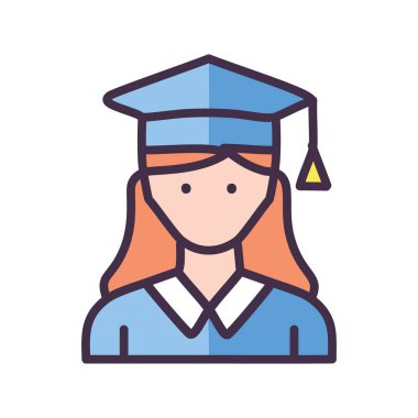 Mezun olmuş kadın ikonu. Kepi ve cübbesi olan bir kadın öğrenci ikonu. Eğitim, başarı ve başarı temaları için ideal.