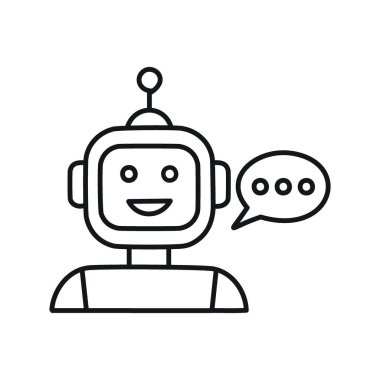 Chatbot robot simgesi. Konuşma balonu olan dost canlısı bir robot, iletişimi, yardımı ve otomasyonu temsil ediyor..