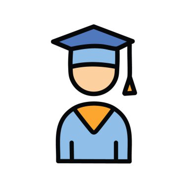 Mezuniyet ikonu. Mezuniyet şapkası ve cübbesi takan, başarıyı, başarıyı ve eğitimi temsil eden basit bir sanat simgesi..