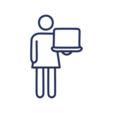 Dizüstü bilgisayar tutan kadın. Dizüstü bilgisayar tutan bir kadının basit çizgisi. Bilgi sunar, sunar ve paylaşır.