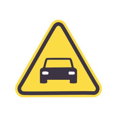 Araba uyarı işareti. Siyah kenarlı sarı üçgen yol işareti, önümüzde bir araba olduğunu gösteriyor, yol güvenliği ve sürücü farkındalığı için çok önemli..