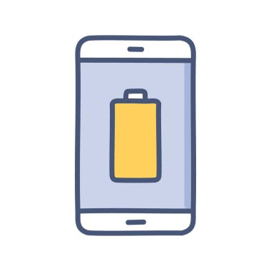 Telefon aküsü simgesi. El çizimi telefon simgesi, pil göstergesi gösteriliyor. Düşük güç seviyesini temsil eder, şarj olması gerekir.