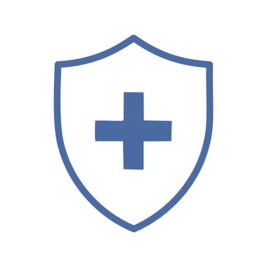 Sağlık kalkanı ikonu. İçinde haç olan mavi kalkan simgesi tıbbi koruma ve güvenliği simgeliyor..