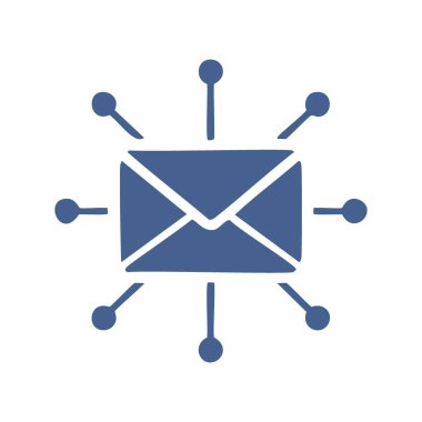 E- posta ağ simgesi. Birden fazla bağlantıya sahip mavi zarf simgesi, iletişimi, ağı ve bağlantıyı sembolize ediyor.