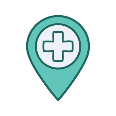 Tıbbi konum ikonu. İçinde beyaz haç olan yeşil harita işareti. Hastaneyi, kliniği veya sağlık merkezini temsil eder..
