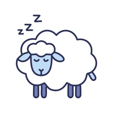 Uyuyan koyun çizgi filmi. Sevimli çizgi film koyunları mışıl mışıl uyuyor. Huzurlu uykuyu simgeliyor. Çocuk kitapları, uyku ürünleri ya da sakinleştirici çizimler için mükemmel..