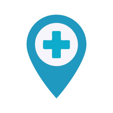 Tıbbi konum ikonu. Tıbbi haç sembollü mavi harita iğnesi, sağlık hizmetleri, tıbbi web siteleri ve uygulamalar için mükemmel..