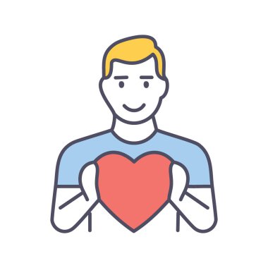 Kalbi tutan adam. Elinde kırmızı bir kalp tutan gülümseyen bir adam tasviri. Aşkı, sevgiyi ve şefkati temsil eder..