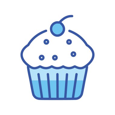 Mavi kek ikonu. Üzerinde krema ve vişne olan bir keki tasvir eden basit mavi çizgi simgesi. Pastane, tatlı ve kutlama temaları için mükemmel..