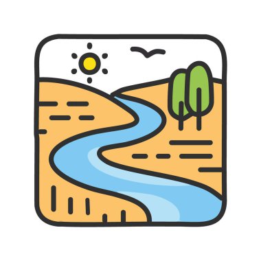 Nehir manzarası çizimi. Sarmal nehir, güneş, ağaçlar ve doğanın güzelliğini ve huzurunu temsil eden geniş bir manzara..