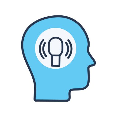 Kafasında mikrofon simgesi olan. İçinde mikrofon olan kafa, ses kontrolü, kayıt ya da ses aramasını temsil ediyor..