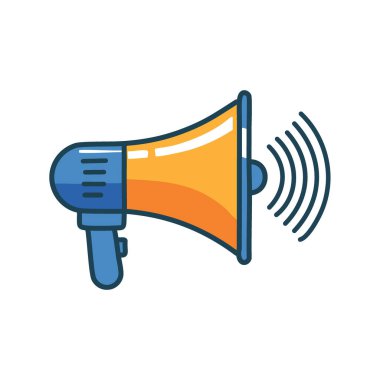 Hoparlör ikonu. Ses dalgalı bir çizgi film hoparlörü, duyuruları, terfiyi ve iletişimi simgeliyor..
