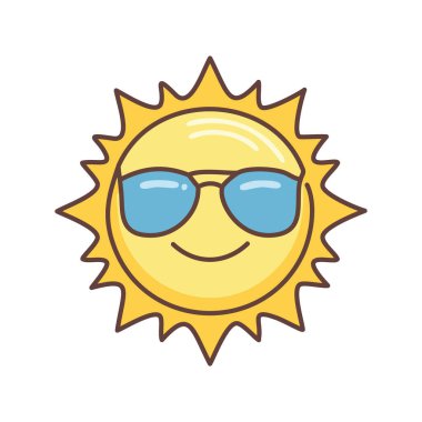 Mutlu güneş gözlükleri. Güneş gözlüğü takan gülümseyen güneş, yaz eğlencesini ve neşeyi simgeliyor..