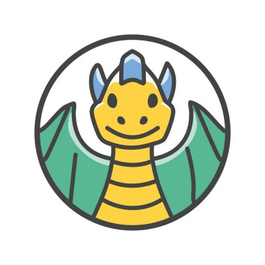 Mutlu ejderha ikonu. Kanatlı dost canlısı ejderha karakteri. Gülümseyen ve arkadaş canlısı, çocuklar için mükemmel..