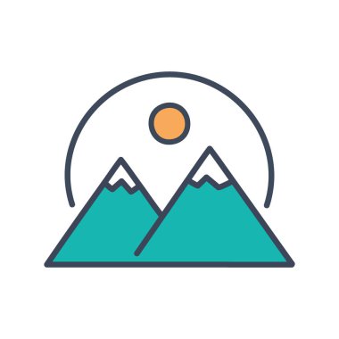 Dağ batımı ikonu. Arkalarında güneş batarken iki dağın renkli simgesi. Seyahat, doğa ya da açık hava temalı tasarımlar için mükemmel..