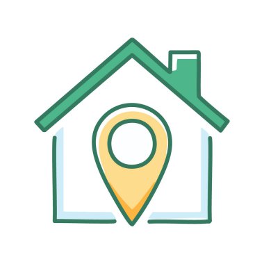 Ev konumu simgesi. İçinde lokasyon rozeti olan yeşil bir ev. Gayrimenkul, konum ve mülkü temsil ediyor.