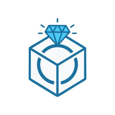 Elmas yüzük kutusu ikonu. Kutudaki bir yüzüğün mavi çizgi simgesi. Üstünde bir elmas var. Hediye, aşk ya da özel bir olayı temsil ediyor..