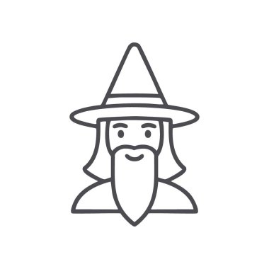 Büyücü ikonu. Sivri şapkalı ve uzun sakallı bir büyücünün çizgi çizimi.