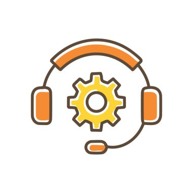 Teknik destek ekipmanları. Teknik destek, teknik yardım ve hizmet, bir dişli ve kulaklıkla sembolize ediliyor..