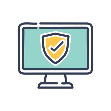 Bilgisayar güvenlik kalkanı. İçinde bir kalkan ve kontrol işareti olan bilgisayar monitörü, güvenli verileri ve çevrimiçi korumayı simgeliyor..